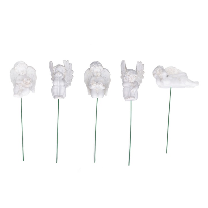 Комплект от 5 фигурки на ангели, лонзимиране, смола, за градината, бели