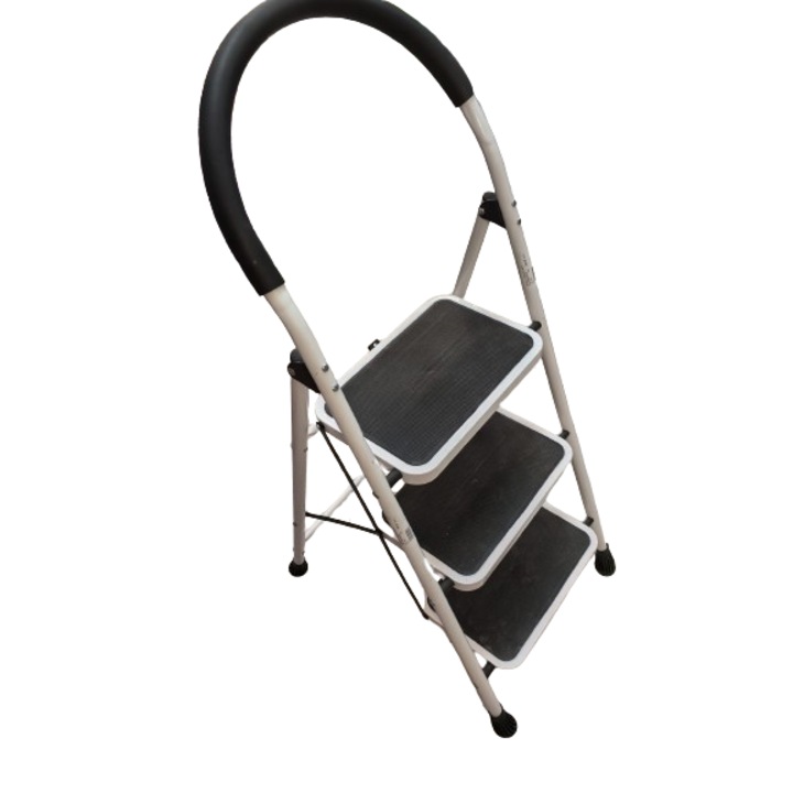 Scară Pliabilă Movidic, 3 Trepte Late, Metal, Alb-Negru, 0.6m