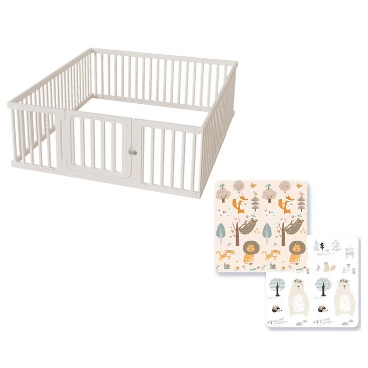 Tarc de joaca pentru copii Nichiduta Safe Play White, 150 x 180 x 67cm, cu poarta de siguranta, covoras si 100 bile incluse