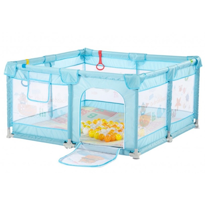 Tarc de joaca Nichiduta 120x120 cm Polar Blue, cu cadru metalic, pereti din plasa, inaltime 65 cm, acces cu fermoar, covoras spuma cu doua fete, 4 inele ajutatoare, cu geanta de transport si 100 de bilute multicolore incluse