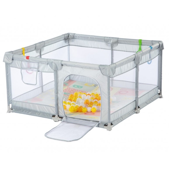 Tarc de joaca Nichiduta 120x120 cm Polar Grey, cu cadru metalic, pereti din plasa, inaltime 65 cm, acces cu fermoar, covoras spuma cu doua fete, 4 inele ajutatoare, cu geanta de transport si 100 de bilute multicolore incluse