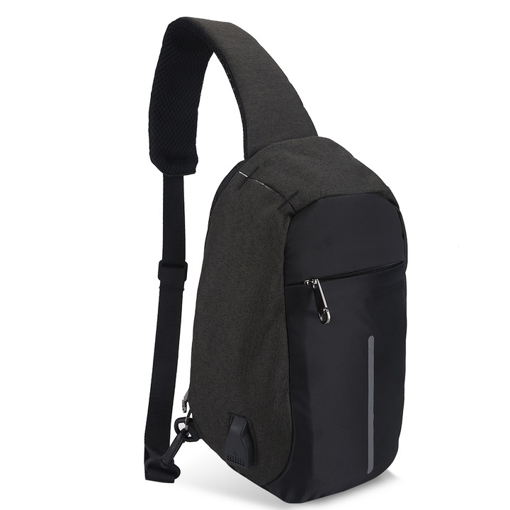 Férfi Jormftte válltáska USB porttal, lopásgátló kivitelben, fekete, utazáshoz és mindennapi használatra