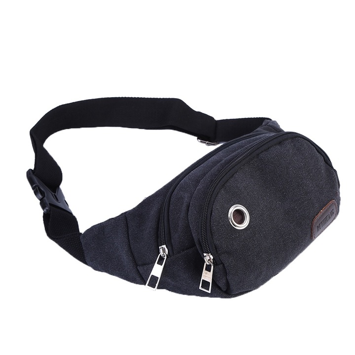 Jormftte textil sling hátizsák, 3 zsebbel, állítható, fekete, kültéri tevékenységekhez