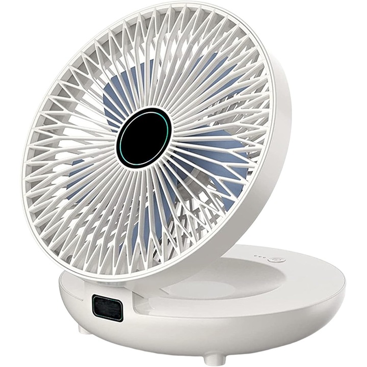 Hordozható mini asztali ventilátor, Fehér/Kék, 3 sebességi fokozat, USB töltés