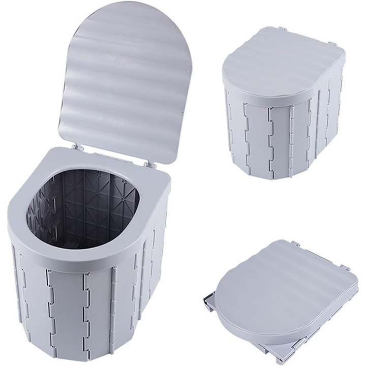 Hordozható összecsukható mobil WC, kempingezéshez, szemeteszsákkal és tárolózsákkal, fedéllel, többfunkciós, Műanyag, 27 x 32 x 30 cm, Szürke