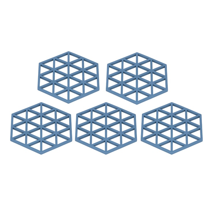 Set 5 bucati naproane de masa geometrice in forma hexagonala, tampoane izolatoare din silicon albastru pentru pui, restaurant, ceai, cafea Enforose