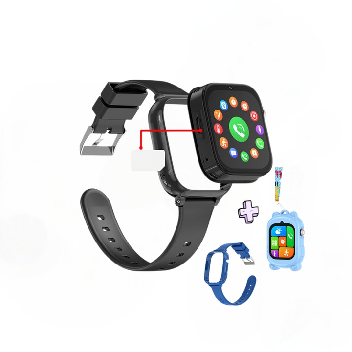 Ceas Smartwatch Copii 4G, Slot Cartela SIM, Functie Apel, Mod Spion, Jocuri, Camera, Buton SOS, Mesaj Vocal, Display 1.83″, Compatibil Android / iOS, GITECH® K15 2 Curele si Husa cu Snur, Negru