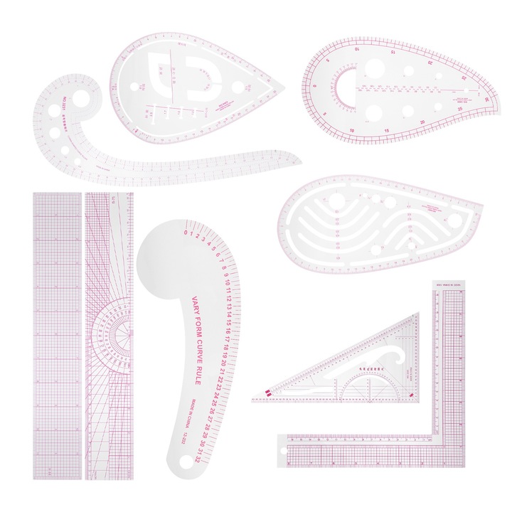 Set de rigle pentru croitorie 9 piese, Enforose, PVC, transparent si rosu