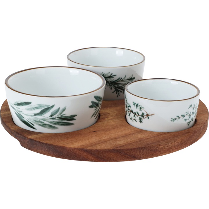 Set pentru servire Excellent Houseware Nature rotund, 4 piese, lemn din salcam si ceramica