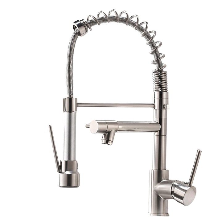 Смесител за кухненска мивка Elindor от неръждаема стомана с единични дръжки, издърпващ се душ, покритие от полиран никел