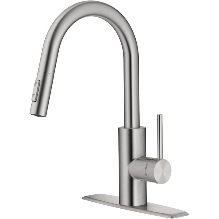 Смесител за кухненска мивка с изтеглящ се душ, 2 режима на пръскане, единичен контрол, против петна, против пръстови отпечатъци, висок чучур, неръждаема стомана, модерен дизайн, лесен монтаж, сребрист