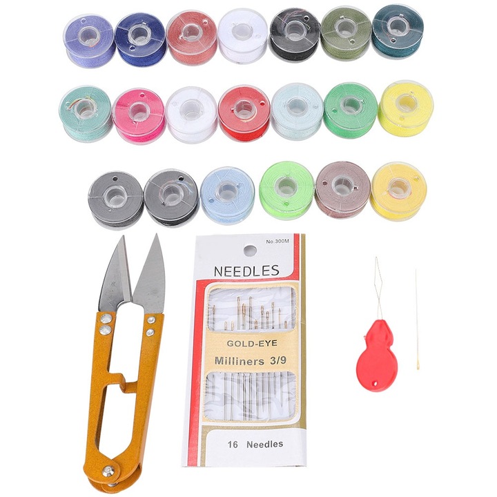 Set de unelte de cusut portabil, Enforose, cutie de depozitare din tabla, 20 de bobine de fir, foarfece, ace, pentru acasa si calatorii