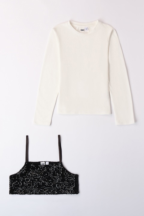 IDO, Set de bluza si top cu paiete, Alb fildes/Negru