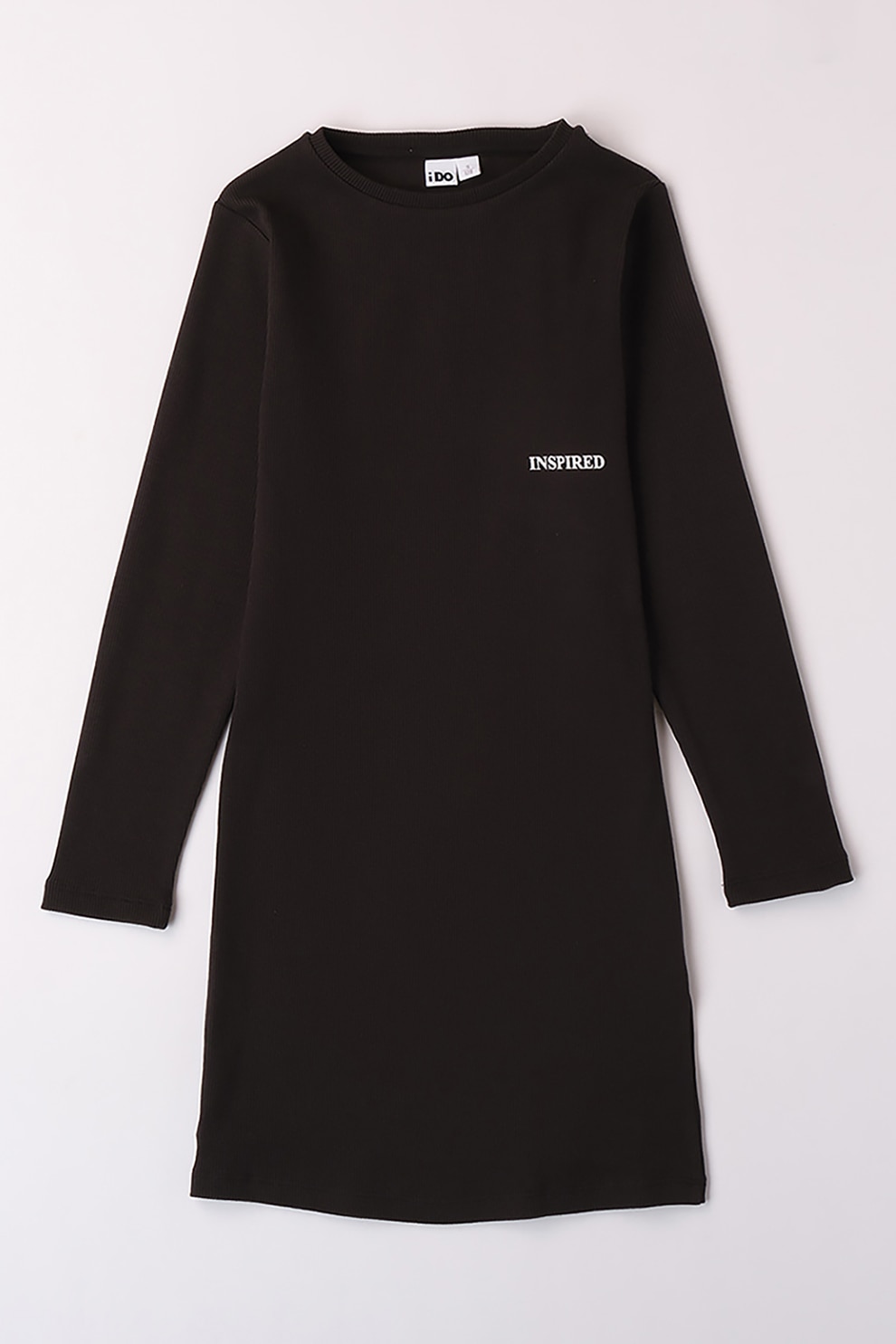 IDO, Rochie cu decolteu la baza gatului si maneci lungi, Maro inchis, 152 CM