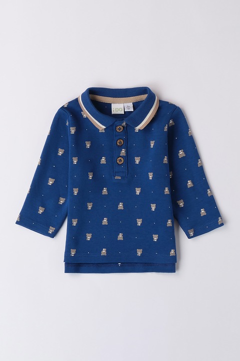 IDO, Bluza cu guler polo si model cu ursulet, Gri/Albastru inchis, 80 CM