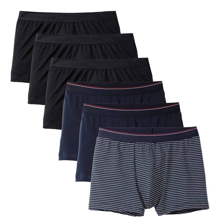 CALIDA, Set de boxeri de bumbac cu banda logo in talie - 6 perechi, Alb/Negru/Albastru inchis