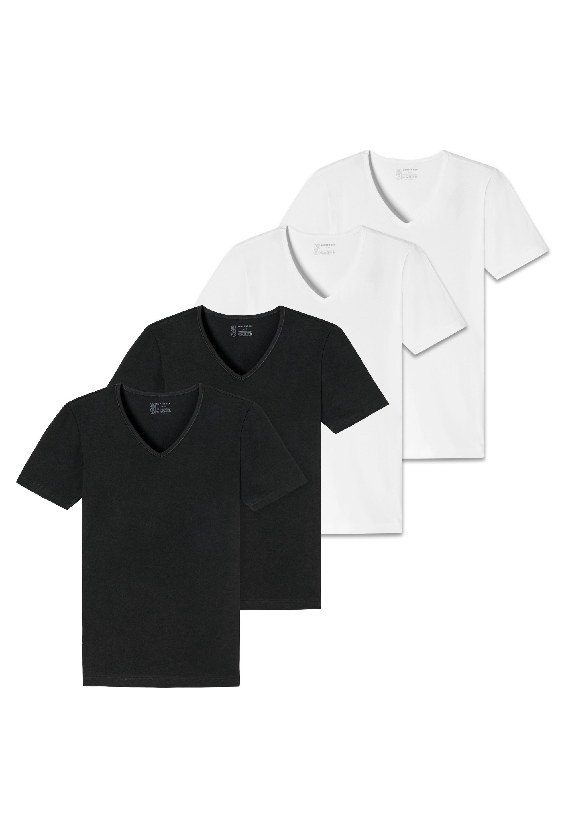 Schiesser, Set de tricouri de casa, din amestec de bumbac - 4 piese, Negru, Alb, XL