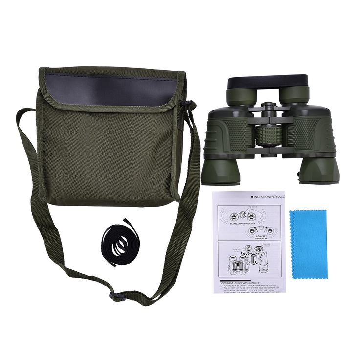 Бинокъл 10x, дълъг зум, метал/гума, 50 мм, водоустойчив, армейско зелено, 185x190x50 мм