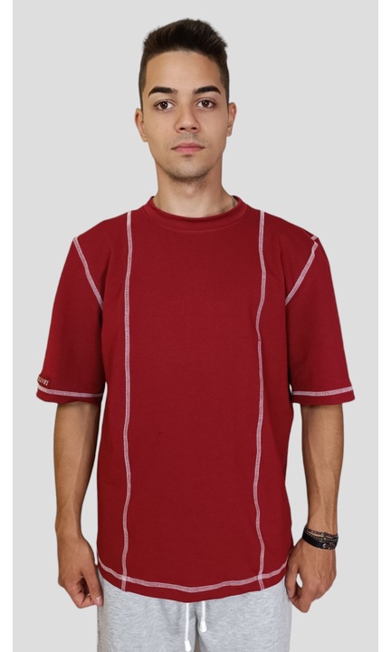 Tricou din bumbac, cu cusaturi pe fata, de barbati, Visiniuaqz, Visiniu