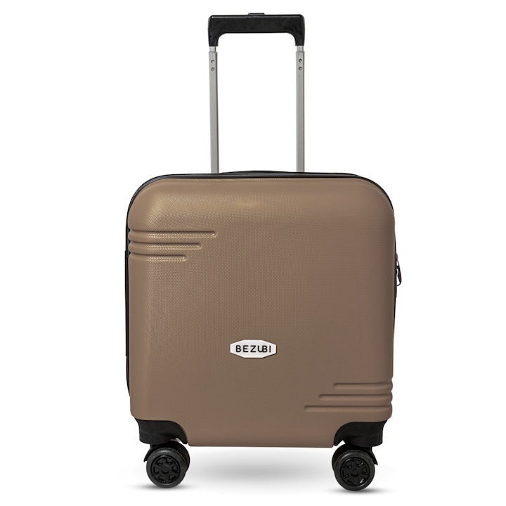 Куфар, Bezubi, On the Go, Wizz Air, Ryanair, 42x38x24, обем 35 литра, телескопична дръжка, 2 отделения, 1 джоб, 4 безшумни двойни колела, въртене на 360 °, PIN сигурност, лесен за боравене, специален гъвкав PP материал против счупване , златен бронз