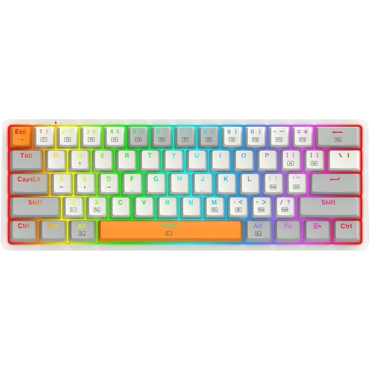 Клавиатура Gaming Redragon Akali, Механична, RGB подсветка, Червени суичове, USB Type-C конектор, Подвижен USB кабел, Сив