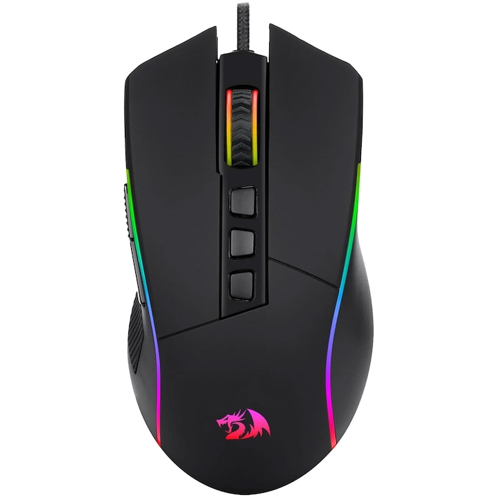 Mouse gaming Redragon Plank, iluminare RGB, 16000 DPI, 9 butoane programabile, 7 moduri de iluminare, Negru