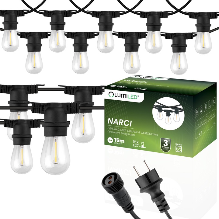 Гирлянд за външно осветление, Lumiled, 15 м, 15 LED крушки, IP44, E27