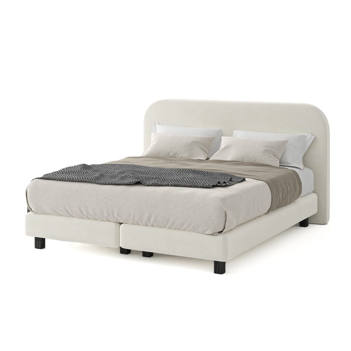 Pat Soft Premium Kim, 200x200 cm, ultra rezistent cu structura din lemn masiv, tapitat, crem sampanie