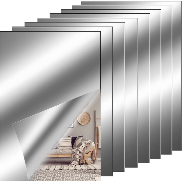 Foi de oglinda PET autoadezive, set 8 bucati, efect reflectorizant, 4x6 inci, pentru decorare interioara