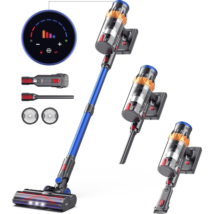 Aspirator vertical fara fir MIBODE V28B, Sistem de luminare, 45000 Pa, 550 W, 65 de minute, Cu afisaj inteligent, Mod automat si perie anti-incurcare pentru covor, podea tare si par de animale de companie, Clasa de energie A+++