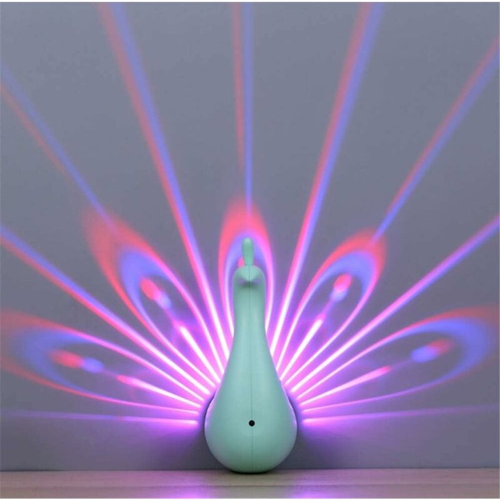 Jormftte LED éjjeli lámpa, páva vetítés, távirányító, USB töltés, színes fények, zöld, 11x7.8x19cm