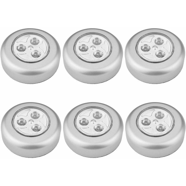 Комплект от 6 LED лампи, нощно осветление, пластмаса, работи с 3 батерии AAA, самозалепващи се