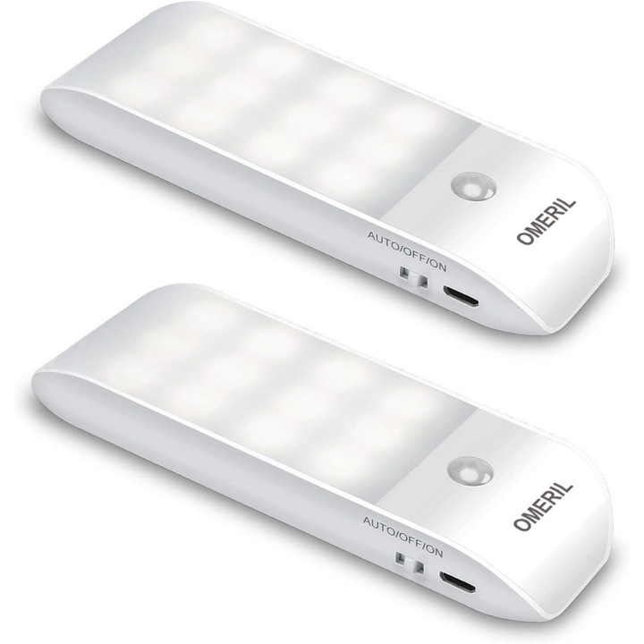 Lumini de noapte, Omeril, design fara fir, cu senzor de miscare, alimentare USB, 12 LED-uri, alb, 2 bucati