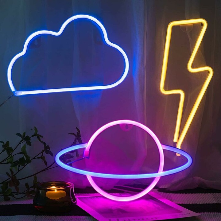Lumina neon nor albastru, decor interior, 3 planete, alimentare baterie USB, 30x20cm