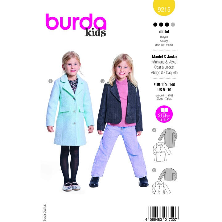 Десен на яке за момиче, с яка и ревер, различни размери 110-140 Burda Style 9215