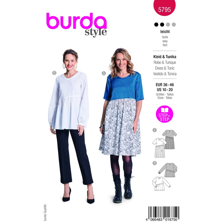 Női domború ruha minta, aszimmetrikus szoknya, hosszú vagy rövid ujjú, több méretű 36-46 Burda stílus 5795