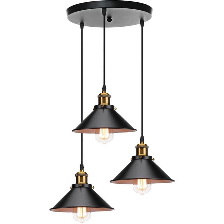 Retro ipari függőlámpa 3 izzóval, fém csillár Edison dizájnnal és kör alakú tányértartóval, Ø 22cm, fekete-fehér