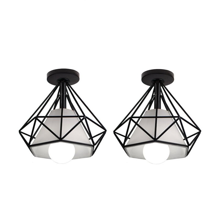 Комплект от 2 ретро индустриални полилея, метал, форма на диамант, черен, 20x22см