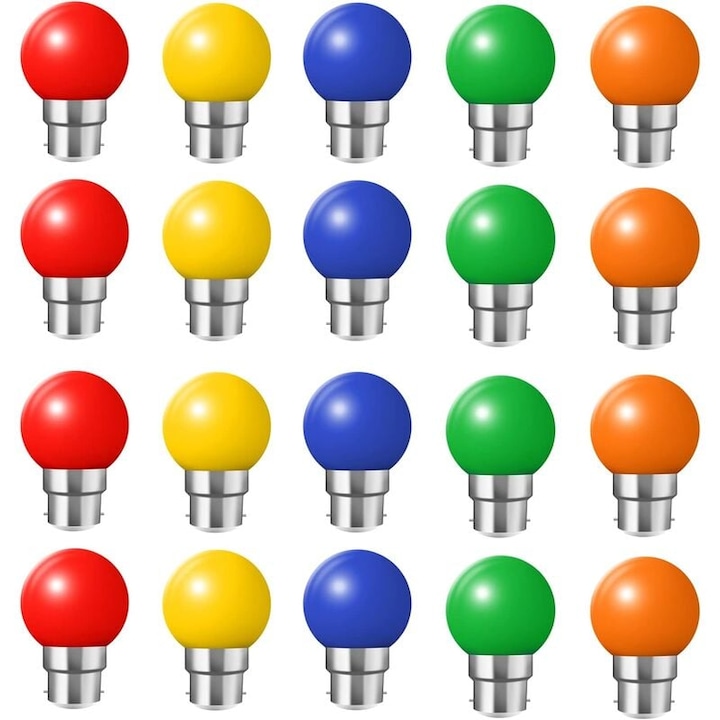 Комплект 20 крушки B22 LED, Цветни, 2W, 200LM, AC 220V, Многоцветни