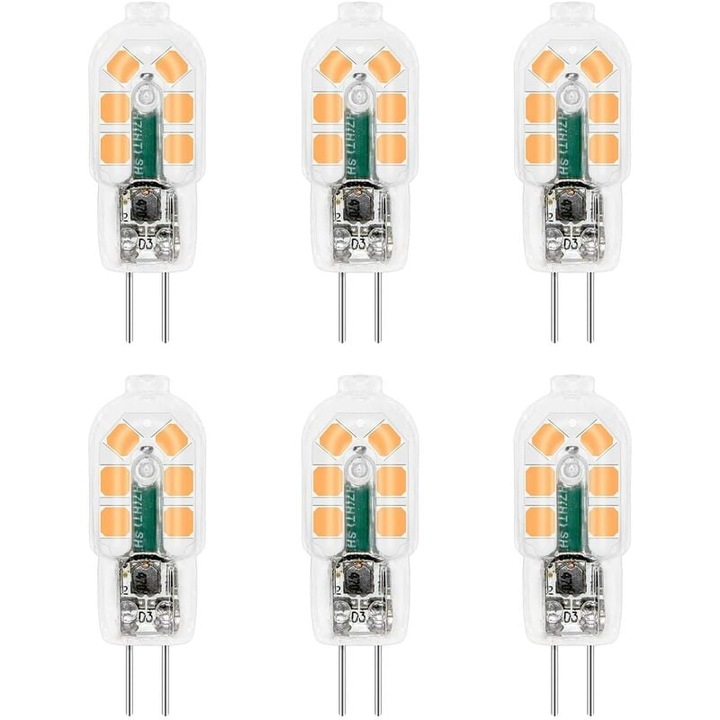 LED крушка G4 12V 2W Топло Бяло 3000K, 200lm, Еквивалент на халогенна лампа G4 10W 20W, Нерегулируема, LED G4 двущифтова 12V AC DC за полилей, настолна лампа, пакет от 6 [Енергиен клас F]