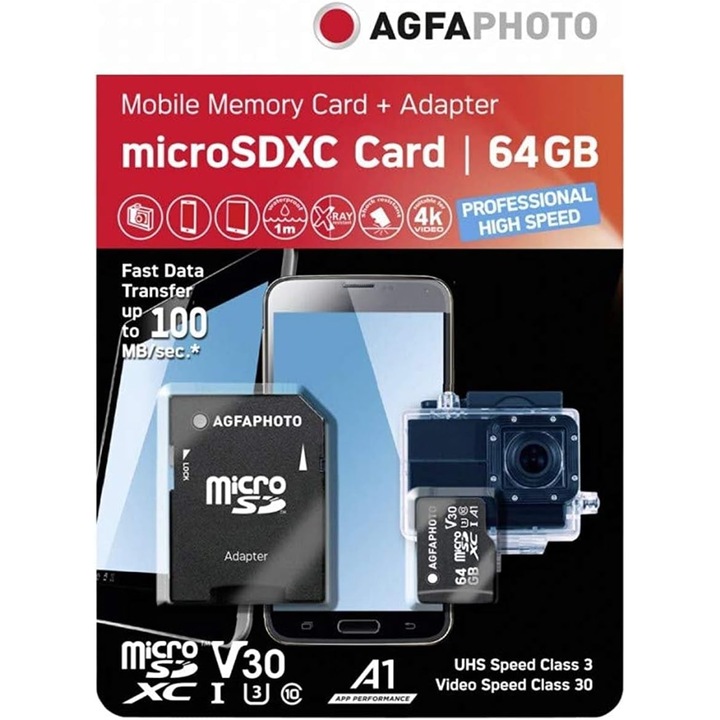 Card de memorie AgfaPhoto 10582A1, 64GB, microSDXC, UHS-I U3, V30, A1, Adaptor SD inclus