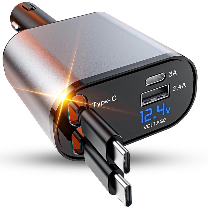 Autós töltő 66 W szupergyors töltés 4 az 1-ben, Timebox, Type-C + USB-C visszahúzható kábel, USB-csatlakozó, USB-C, LED kijelző, Univerzális, kompatibilis a következőkkel: iPhone, Samsung, Huawei