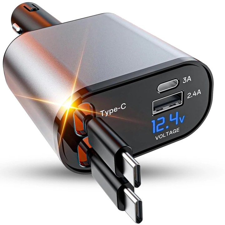 Incarcator auto 66W Super Fast Charge 4 in 1, Timebox, Cablu Retractabil Type-C + USB-C, Mufa USB, USB-C, Afisaj LED, Universal, Compatibil iPhone, Samsung, Huawei