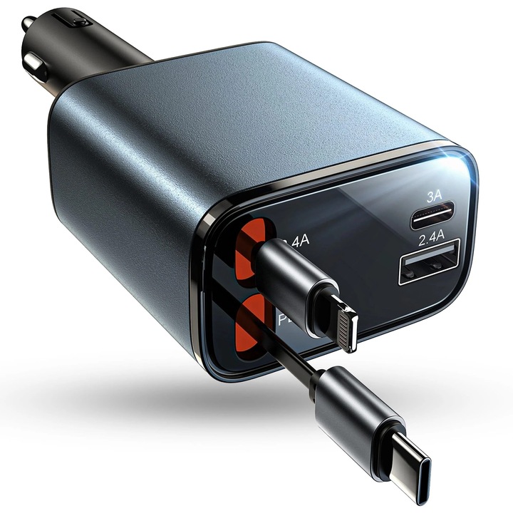 Incarcator auto 66W Super Fast Charge 4 in 1, Timebox, Cablu Retractabil Type-C + USB-C, Mufa USB, USB-C, Afisaj LED, Universal, Compatibil iPhone 15, Samsung, Huawei, Design Compact