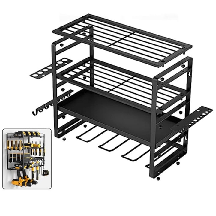 Suport metalic pentru scule, multifunctional, prindere pe perete, instalare usoara, compact si rezistent, depozitare surubelnite electrice, bormasina, chei, 42x37x20cm, vopsit in camp electrostatic, negru, SIPEDO