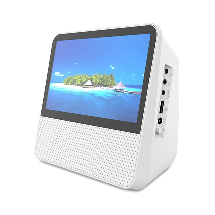 DVD плейър, 7-инчов HD екран, Bluetooth/U-Disk поддръжка за възпроизвеждане, дистанционно управление, двойни високоговорители, таймер за заспиване, бял