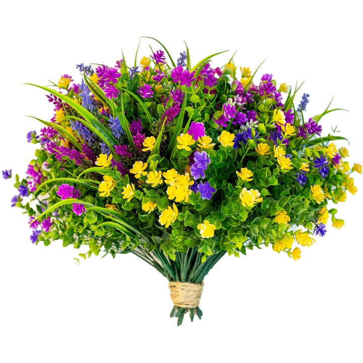 Set 6 Buchete Flori Artificiale, ARKOTEX, Rezistente UV, Plastic, Roz Galben Albastru, 35cm Inaltime