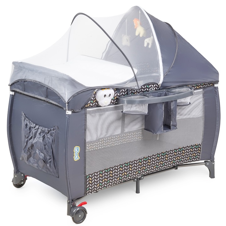 Hordozható utazóágy, könnyen hordozható, oldalról elérhető, matrac, szúnyogháló, baldachin, zárható kerekek, robusztus szövet, huzat, pelenkázóasztal, zenedoboz és fogasok, poliészter, Piccolo, szürke