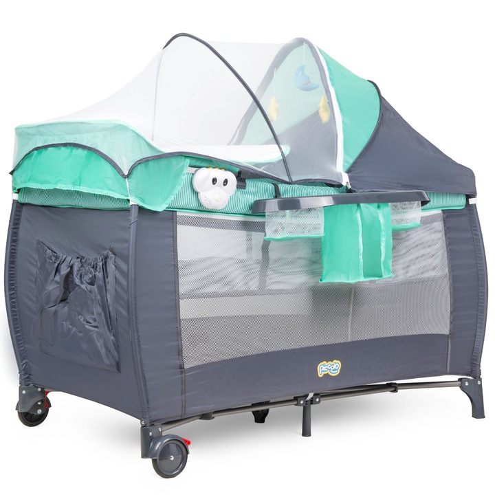 Utazóágy, könnyen hordozható, oldalsó hozzáférés, matrac, szúnyogháló, baldachin, zárható kerekek, erős szövet, huzat, pelenkázó alátét, zenedoboz és fogasok, poliészter, Piccolo, szürke/menta