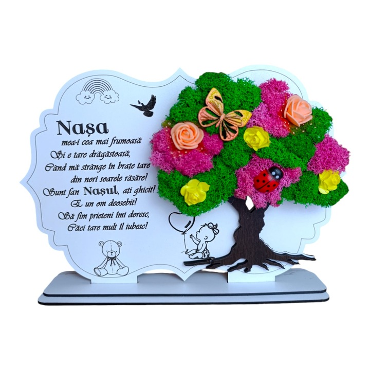 Tablou copac cu licheni stabilizati, personalizat cu mesaj standard pentru botez fetita, nasi, fini, dimensiune 30x20cm, model 7, alb